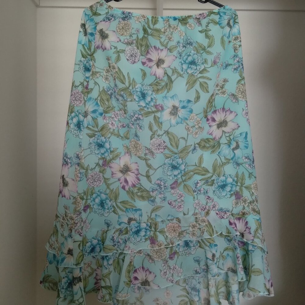 Vintage Y2K Requirements Aqua Blue Floral Ruffle Midi Skirt Womens Size Medium